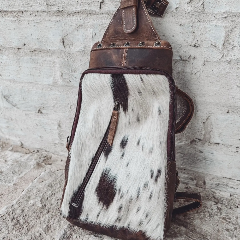 Brown and White Cowhide & Leather Sling Bag